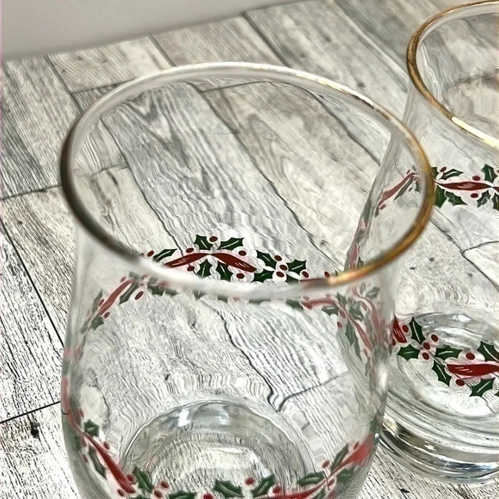 Libbey Holly Berry Gold Rim Glasses Set of 2